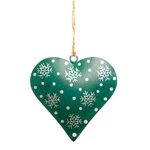 Namaste Green Metal Heart-Shaped Hanging Christmas Tree Decoration With Silver Snowflakes 10 x 10cm